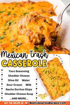 mexican trash casserole recipe in a white dish with text overlay that reads, mexican trash casserole taco seasoning cheddar cheese