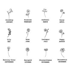 different types of flowers are shown in black and white, with the names below them