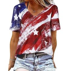 Cotton Blend Pull On Closure Machine Wash Material: Casual America Flag T-Shirt For Women Is Made Of 95% Polyester And 5% Spandex Fabric, Which Is Elastic, Loose, Comfortable, Breathable And Soft. Design: The Cute Patriotic Usa V-Neck T-Shirt Is Printed With A Flag Pattern Consisting Of Stars And Stripes, Which Looks Beautiful And Colorful. Match: Funny American Graphic Tee Shirt Is Suitable For Many Outfits And Any Occasion, A Good Choice For Any Season, Especially Holidays And Independence Day American Flag Tshirt, American Flag Print, Short Sleeve Shirt Women, Black Camisole, American Flag Shirt, Floral Print Shirt, Womens Tops Summer, Spring Outfits Women, Flag Shirt