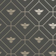 a pattern with bees on it in grey and beige colors, as well as an image of the bee's head