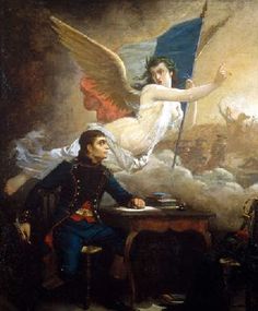 a painting of a man sitting at a desk with an angel on his shoulder and another man standing behind him