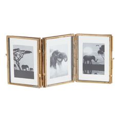 an open wooden frame with two pictures on the front and one in the back showing elephants