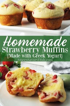 homemade strawberry muffins are made with greek yogurt and fresh strawberries