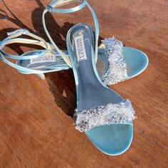 Badgley Mischka Pearl And Jeweled Kitten Heel Sandals. Heel Is Approx 2” Light Blue In Color New In Box Comes From Smoke Free/Pet Friendly Environment. Due To Pm Fees, Items Under $15 Are Only Reduced If Bundled With Other Items. Thanks For Your Understanding! Glamorous Blue Sandals For Wedding, Gold Wedge Heels, Jeweled Sandals, Satin Shoes, Badgley Mischka Shoes, Kitten Heel Sandals, Evening Sandals, Black Pumps Heels, Studded Heels