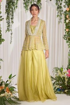 Shop for Nidhika Shekhar Green Shantoon Hariyali Embroidered Jacket Sharara Set for Women Online at Aza Fashions Crop Top Sharara Set With Jacket, Satin Sharara, Jacket Sharara, Sharara Suit Designs, Green Sharara, Organza Jacket, Sharara Designs, Western Dresses For Women, Fusion Wear