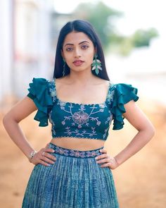 Crop Top Blouse Designs Latest Indian, Latest Lehanga Models 2023, Lehenga Blouse Designs Crop Tops Latest, Crop Top Lehanga Models Latest, Frill Blouse Designs, Crop Top Blouse Designs Latest, Navya Swamy, Blouse Tops Designs, Crop Top Lehenga