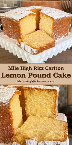 a cake that has been cut into pieces and is sitting on a plate with the words, mile high kitz carlton lemon pound cake