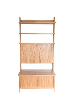 a wooden shelf with drawers and shelves on it