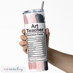 a person holding up a can of art teacher nutrition fact on it's side