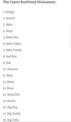 the cutest boyfriend nicknames list is shown in this screenshot from their website