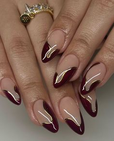 Nail Art Fall 2024, Thanksgiving Nail Design, Dark Aura Nails, Aphrodite Nails, Red And Gold Nails, Classy Acrylic, Colourful Nails, Colorful Nails, Gold Nail