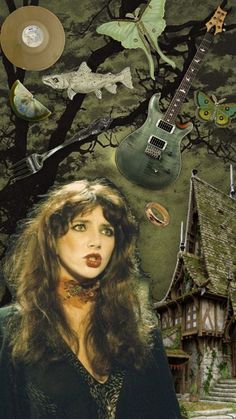 a collage of photos with an image of a woman holding a guitar and other items surrounding her