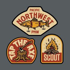 three stickers depicting different types of campfires and fish, with the words pacific northwest pw on them