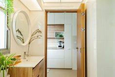 a bathroom with a sink, mirror and plants