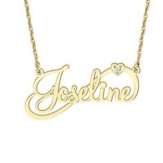 Express yourself with this personalized script nameplate necklace. With gorgeous lettering and lasting craftsmanship, a nameplate necklace is forever trending. Fit your style and budget with options in sterling silver, yellow and white gold. Explore our Personalized Jewelry Collection and make every piece uniquely yours (or theirs).Please note: while not shown in the product image, your order will include your custom inscription. All custom jewelry sales are final. | Personalized Script Nameplate Necklace with Diamond Heart Accent | Yellow | Size 18" | Helzberg Diamonds Betty Boop Jewelry, Necklace With Diamond, Helzberg Diamonds, Nameplate Necklace, Diamond Heart, Betty Boop, Name Plate, Personalized Jewelry, Jewelry Sales