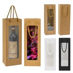 three wine bottles in brown paper bags, one with flowers and the other with handles