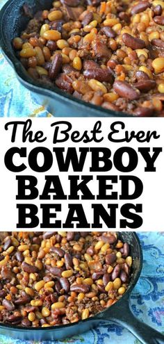 the best ever cowboy baked beans in a cast iron skillet with text overlay