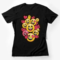 Colorful Happy Emojis T-Shirt, Smiley Faces and Hearts Unisex Tee, Gift for All Ages Female T-Shirt Custom graphic T-Shirt.Customize your color Black Smiley Face Crew Neck Top, Black Crew Neck Top With Smiley Face, Black Smiley Face Crew Neck T-shirt, Black Crew Neck T-shirt With Smiley Face, Fun Heart Graphic Crew Neck T-shirt, Fun Crew Neck T-shirt With Heart Graphic, Fun Short Sleeve Tops With Heart Graphic, Playful Black T-shirt With Screen Print, Funny Smiley Face Crew Neck Tops