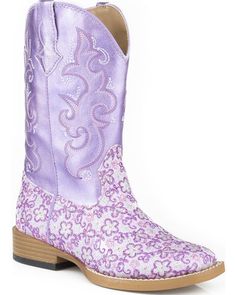 Roper Girls' Lavender Floral Glitter Cowgirl Boots - Square Toe , Purple Glitter Cowgirl, Cowgirl Boots Square Toe, Square Toe Western Boots, Girl Cowboy Boots, Leather Cowgirl Boots, Purple Boots, Wedding Boots, Glitter Boots, Boots Square Toe