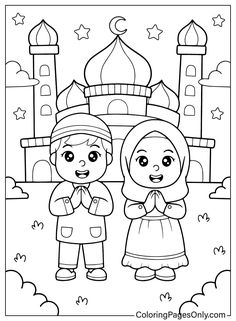 two children standing in front of a castle coloring page