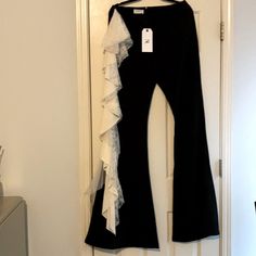 Beautiful Black Flare Leg Pant With One Siding Of Lace Purchased By A New Designer Nichole Lynel The Label Nichole Lynel, Maternity Dress Pants, School Pants, Brandy Melville Pants, Printed Flare Pants, White Flares, Pink Sweatpants, Navy Blue Pants, Linen Blend Pants