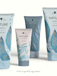 three different types of hand creams and body lotion on a white background with blue leaves