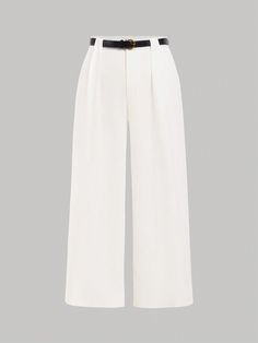 Blanco Casual Collar  Tela tricotada Liso Pierna recta Embellished Elástico Ligero Pants With Belt, Plus Size White, Trendy Fits, Plus Size Pants, Fit Check, White Pants, Straight Pants, White Casual, Straight Leg Pants