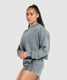 Gymshark Collegiate Shadow Washed Midi Sweatshirt - Asphalt Grey | Gymshark Oversized Cotton Sportswear Activewear, Oversized Cotton Activewear For Sports, Sporty Acid Wash Sweatshirt For Loungewear, Urban Long Sleeve Workout Tops, Urban Crew Neck Sweatshirt For Workout, Sporty Oversized Crew Tops, Comfortable Crew Neck Top For Streetwear, Urban Cotton Long Sleeve Activewear, Sporty Acid Wash Crew Neck Top