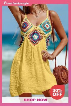 Yellow Sexy Casual Patchwork Backless Spaghetti Strap Beach Dress Dresses Sleeveless Smocked Sundress For Summer, Sleeveless Chiffon Sundress For Summer, V-neck Sleeveless Dress For Beach Vacation, Spring Sleeveless Beachwear Mini Dress, Summer Sleeveless Mini Dress, Sleeveless Summer Beach Dress, Sleeveless Summer Midi Dress, Casual Sleeveless Dress For Summer Beach Parties, Multicolor Sleeveless Summer Dress