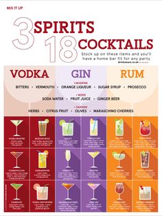 a poster with different types of cocktails and drinks on it's sides, including rum