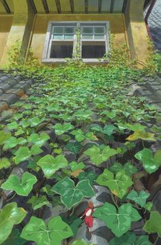 a painting of a person standing in front of a window surrounded by water lilies