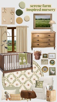 a baby's nursery is decorated in green and brown colors with pictures on the wall