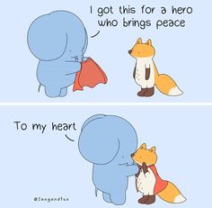 two cartoon images one with an elephant and the other with a fox hugging each other