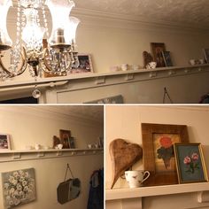 three pictures of the inside of a room with items on shelves, and in front of a chandelier