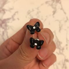 Brand New, Never Used Black With Crystal In Center Handmade Black Butterfly Jewelry, Black Butterfly Bracelet, Black Butterfly Necklace, Black Butterfly Earrings, Elegant Black Butterfly Necklace, Butterfly Earrings, Jewelry Inspo, Black Lace, Crystal Earrings