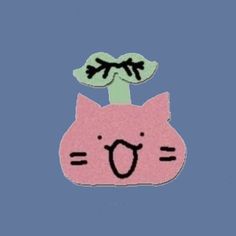 a pink cat with a green plant sticking out of it's head on a blue background