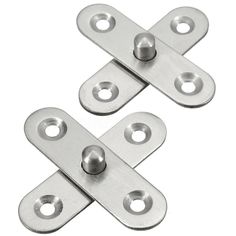 two stainless steel cabinet door hinges on a white background