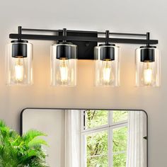 a bathroom vanity light with three lights and a potted plant in front of the mirror