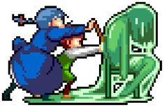 an image of a pixel art style character pointing at something in front of him with his hand