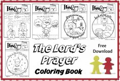 the lord's prayer coloring book is shown in red, white and green colors