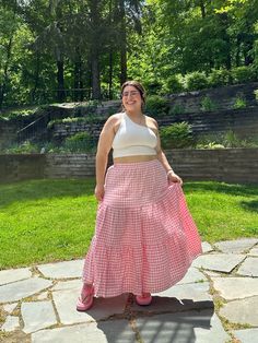 Midsize style, midsize fashion, flowy skirt, maxi skirt, Amazon fashion, Amazon spring outfit, Easter outfit, gingham skirt, pink maxi skirt, one shoulder top Outfit Ideas Midsize, Style Midsize, Tops For Women Summer, Spring Outfit Idea, Pink Maxi Skirt, Midsize Style, Gingham Skirt, Plus Size Summer Outfit