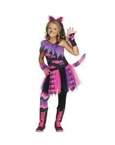 Dress in your finest feline threads this Halloween in this playfully patterned Sassy Cat Costume! You'll cause all sorts of mischief in this look that features purple faux fur fringe, shredded lace detailed dress, and matching footless tights that tie the costume together. It's perfect for a tail-wagging good time this Halloween! Includes: Dress with attached tail Headband Glovettes Footless tights Material: Polyester, spandex Care: Hand Wash Separately In Cold Water. Only Non-Chlorine Bleach Wh Girls Cheshire Cat Costume, Cat Girl Costume, Cat Costume Kids, Cheshire Cat Costume, Cat Alice In Wonderland, Cheshire Cat Alice In Wonderland, Alice In Wonderland Characters, Alice In Wonderland Costume, Sassy Cat