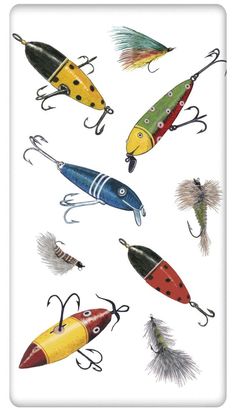 several different types of fishing lures on a white background