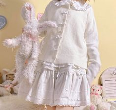 Cute White Long Sleeve Cardigan, White Kawaii Cardigan For Fall, Cute White Winter Cardigan, Cute Long Sleeve Cardigan, White Kawaii Cardigan, Cute White Cotton Cardigan, White Ruffled Cardigan For Fall, White Casual Ruffled Cardigan, White Casual Cardigan With Ruffles