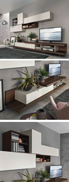 three different views of a living room with tvs