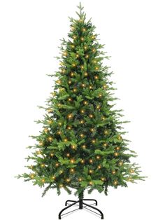 a green christmas tree with lights on it's branches and a black stand against a white background