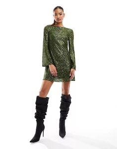 Jaded Rose long sleeve sequin cowl back mini dress in olive | ASOS Green Long Sleeve Sequin Dress, Green Long Sleeve Dress With Sequins, Glamorous Green Holiday Mini Dress, Embellished Green Dresses For Fall, Embellished Green Dress For Fall, Fall Green Embellished Dresses, Fall Embellished Green Dresses, Green Mini Sequin Dress For Evening, Green Sequin Mini Dress For Date Night