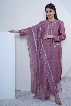 Shop for Sravanti Purple Chanderi Embroidered Kurta Set for Women Online at Aza Fashions Round Neck Anarkali, Lavender Outfit, Kurta Set For Women, Fancy Jewellery Designs, Straight Fit Pants, Lace Pants, Embroidered Dupatta, Dream Wedding Ideas Dresses, Embroidered Neckline