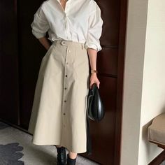 Olivia Mark - High-Waisted Button Front Midi Skirt with Umbrella Cut Button Front Midi Skirt, Modest Girly Outfits, Beige Skirt, Girly Outfits, Types Of Skirts, Olivia Mark, Beige Color, Pleated Skirt, Midi Skirt