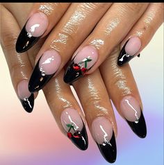 Black French With Cherries Nails, Black French Tips With Cherries, Black French Tip Cherry Nails, Black And Cherry Nails, Cherry Rhinestone Nails, Black French With Heart, Black Nails With Cherries, Cherry Black Nails, Cherry Nails Black